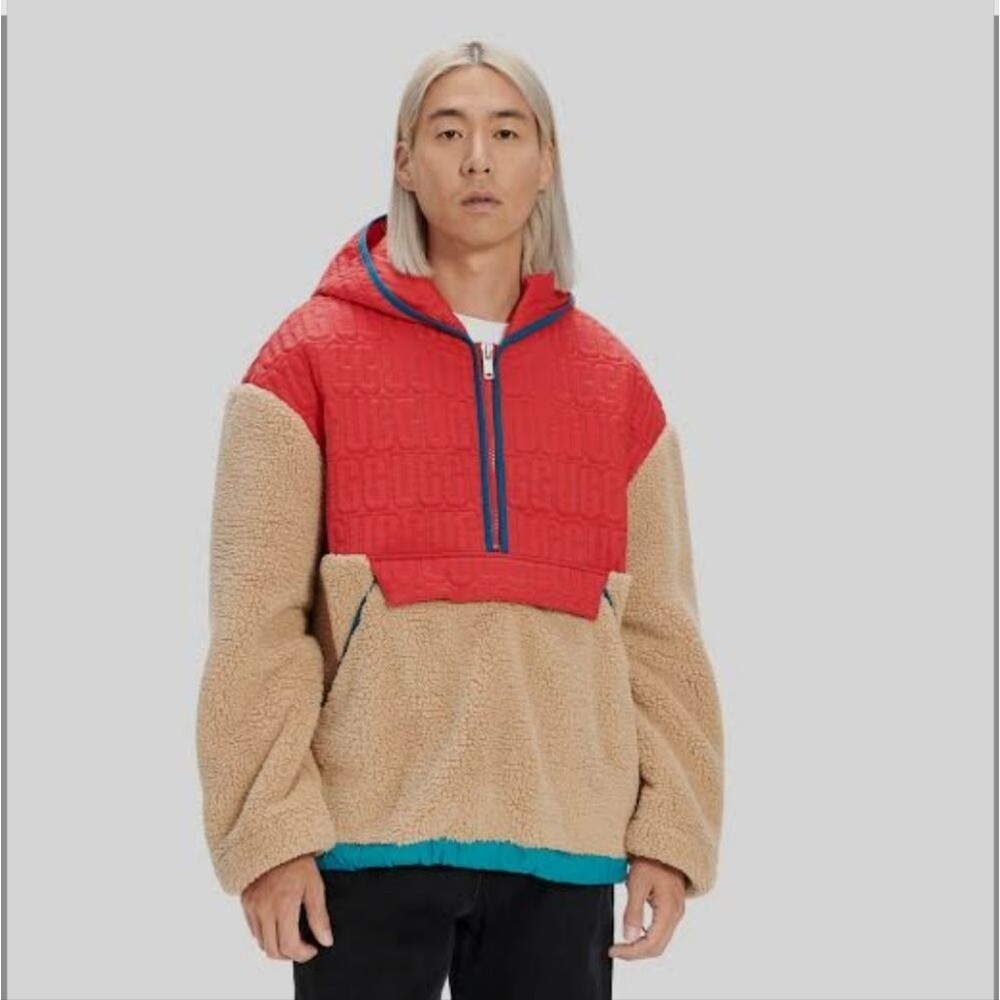 UGG Iggy Sherpa Half Zip Pullover L Orange Red Camel Colorblock Quilted Outdoor